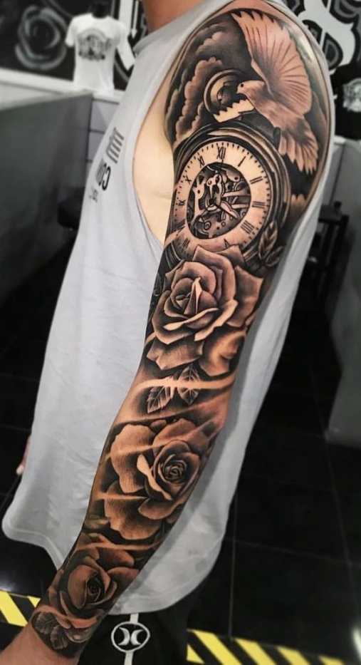 Hình xăm tattoo full tay hoa hồng và đồng hồ thời gian đẹp ấn tượng nhất