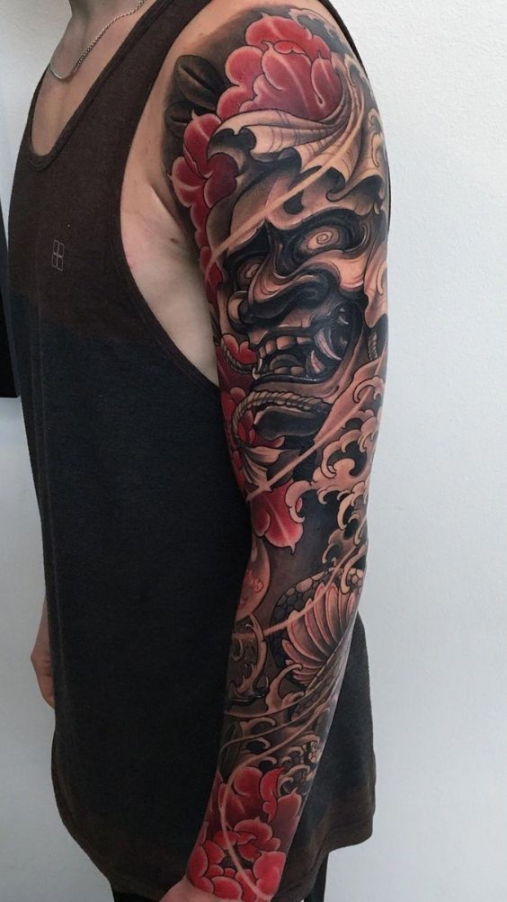 Hình xăm tattoo hoa mẫu đơn và mặt quỷ full ở cánh tay đẹp ý nghĩa nhất