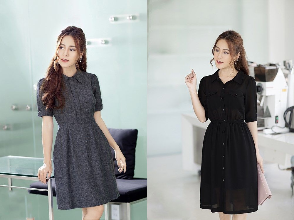 30+ mẫu váy đầm xòe cổ sơ mi đẹp 2022 kiểu Hàn Quốc