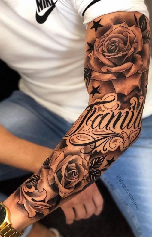 Hình xăm tattoo full tay hoa hồng và chữ Family đẹp ấn tượng nhất