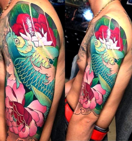 Hình ảnh xăm tattoo cá chép và hoa mẫu đơn đẹp và ý nghĩa nhất