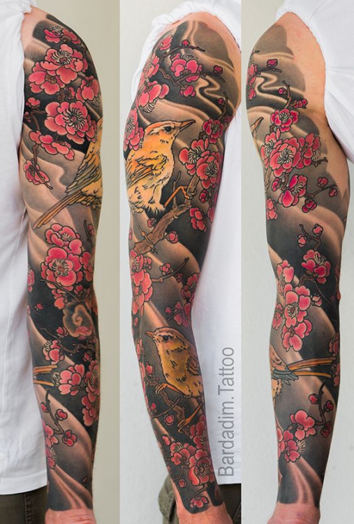 Hình xăm tattoo chim sẻ và hoa anh đào full ở cánh tay đẹp ý nghĩa nhất