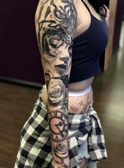 Hình xăm tattoo cô gái và con hổ full ở cánh tay đẹp ý nghĩa nhất
